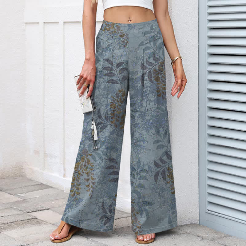 Buddha Stones Pantaloni da donna a gamba larga con elastico in vita e tasche, in cotone e lino, con fantasia a foglie vintage. - image 1
