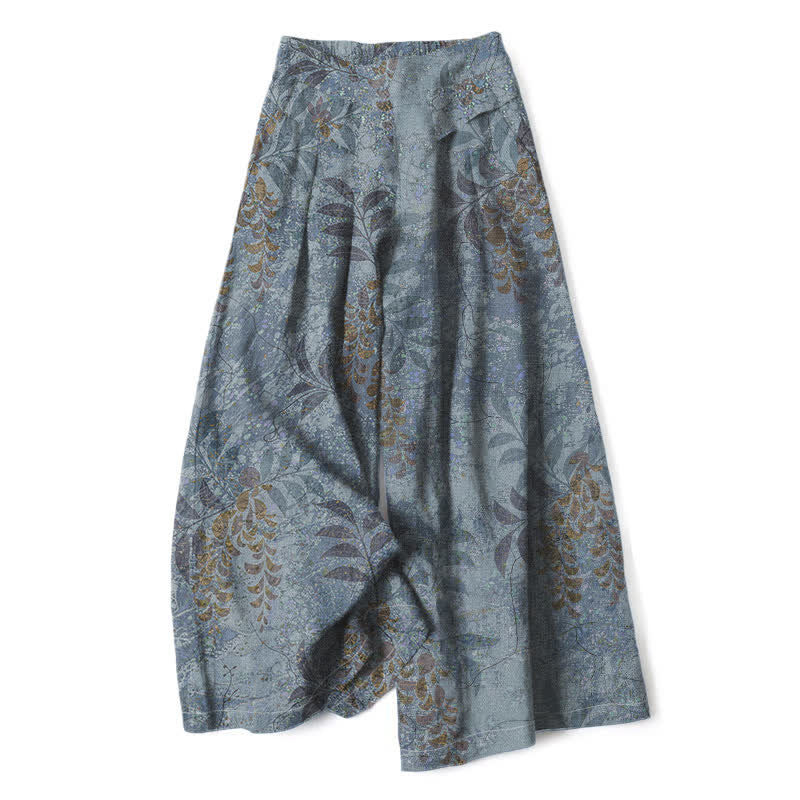 Buddha Stones Pantaloni da donna a gamba larga con elastico in vita e tasche, in cotone e lino, con fantasia a foglie vintage. - Grigio ardesia chiaro - US16, UK/AU20, EU48 (3XL) - image 0