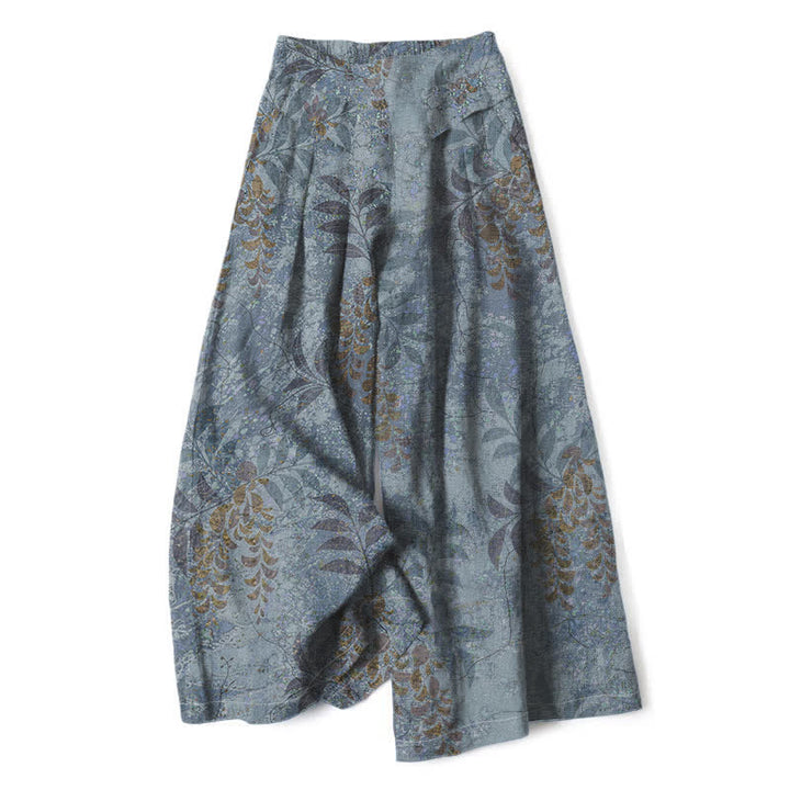 Buddha Stones Pantaloni da donna a gamba larga con elastico in vita e tasche, in cotone e lino, con fantasia a foglie vintage. - Grigio ardesia chiaro - US16, UK/AU20, EU48 (3XL) - image 0