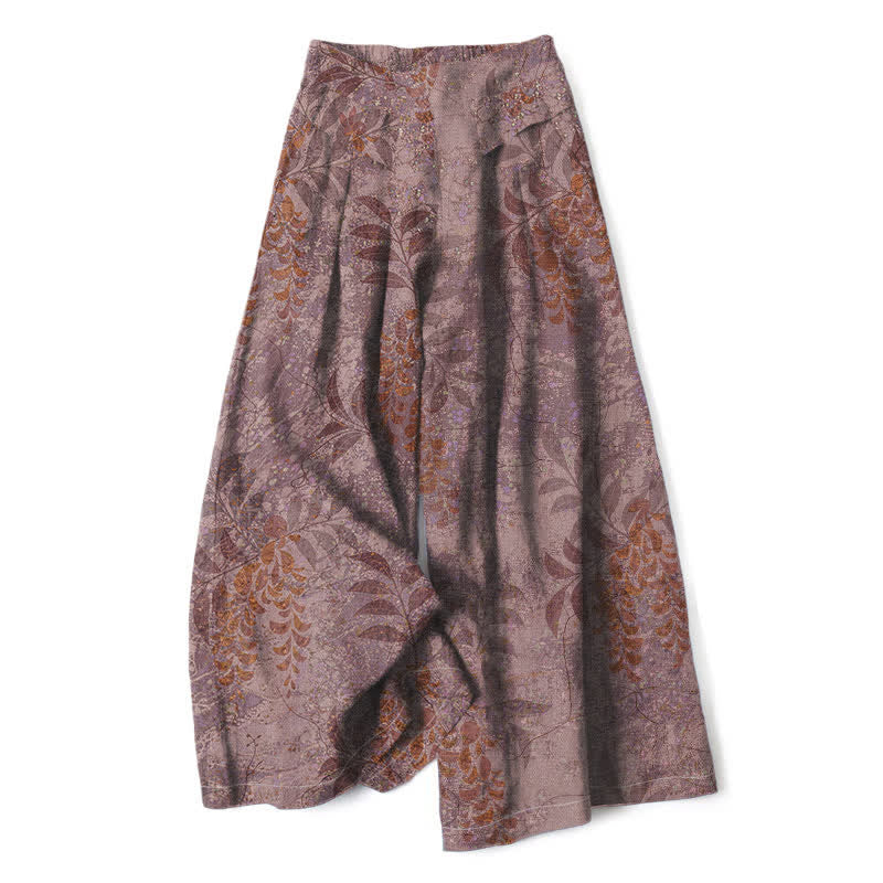 Buddha Stones Pantaloni da donna a gamba larga con elastico in vita e tasche, in cotone e lino, con fantasia a foglie vintage. - Marrone rosato - US16, UK/AU20, EU48 (3XL) - image 4