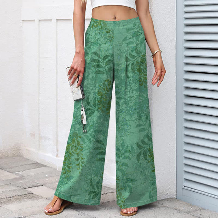 Buddha Stones Pantaloni da donna a gamba larga con elastico in vita e tasche, in cotone e lino, con fantasia a foglie vintage. - image 7