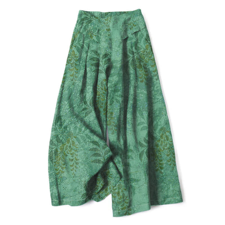 Buddha Stones Pantaloni da donna a gamba larga con elastico in vita e tasche, in cotone e lino, con fantasia a foglie vintage. - Verde medio del mare - US16, UK/AU20, EU48 (3XL) - image 6