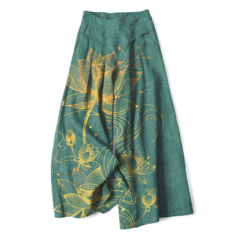 Buddha Stones Pantaloni da donna in cotone e lino con motivo a loto dorato, gamba larga e vita elasticizzata, con tasche. - Verde mare - US16, UK/AU20, EU48 (3XL) - image 0