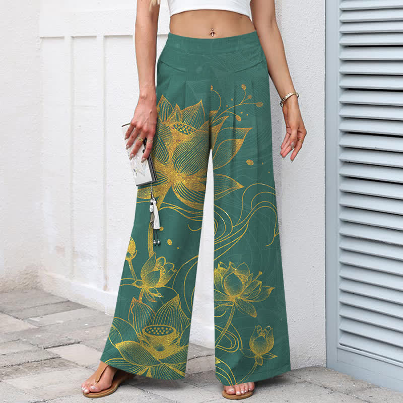 Buddha Stones Pantaloni da donna in cotone e lino con motivo a loto dorato, gamba larga e vita elasticizzata, con tasche. - image 1