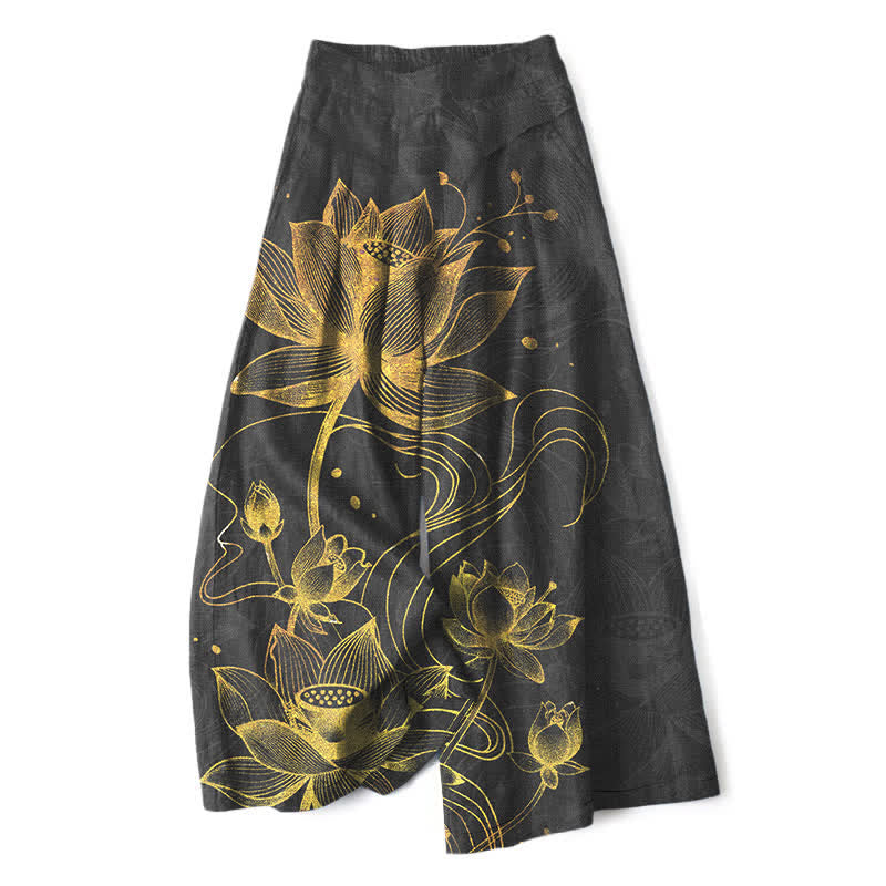 Buddha Stones Pantaloni da donna in cotone e lino con motivo a loto dorato, gamba larga e vita elasticizzata, con tasche. - Nero - US16, UK/AU20, EU48 (3XL) - image 4