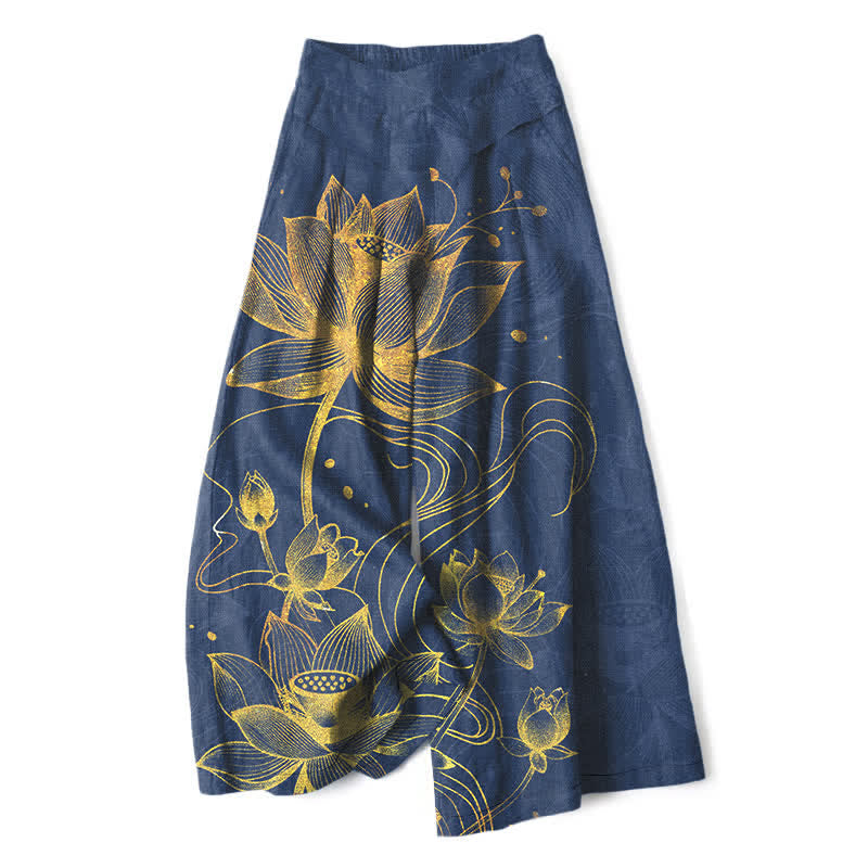 Buddha Stones Pantaloni da donna in cotone e lino con motivo a loto dorato, gamba larga e vita elasticizzata, con tasche. - Marina - US16, UK/AU20, EU48 (3XL) - image 6