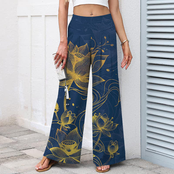 Buddha Stones Pantaloni da donna in cotone e lino con motivo a loto dorato, gamba larga e vita elasticizzata, con tasche. - image 7