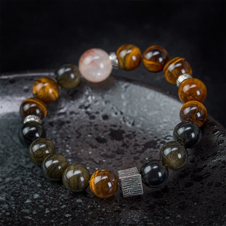 Buddha Stones Bracciale protettivo con perline di quarzo e inclusioni di ossidiana occhio di tigre con riflessi dorati. - image 2