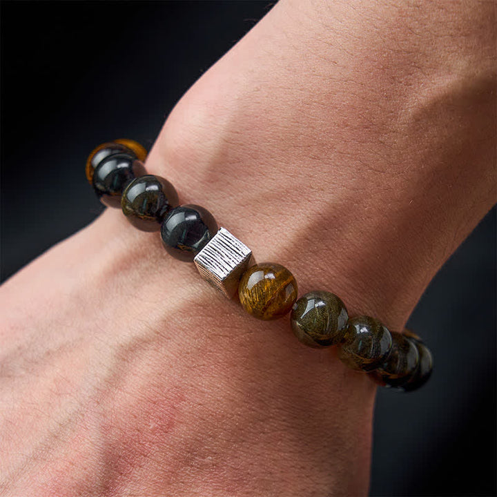 Buddha Stones Bracciale protettivo con perline di quarzo e inclusioni di ossidiana occhio di tigre con riflessi dorati. - image 3