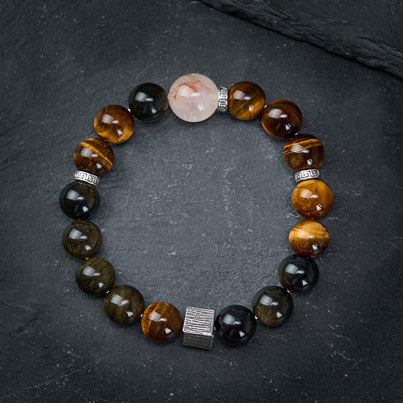 Buddha Stones Bracciale protettivo con perline di quarzo e inclusioni di ossidiana occhio di tigre con riflessi dorati. - image 1