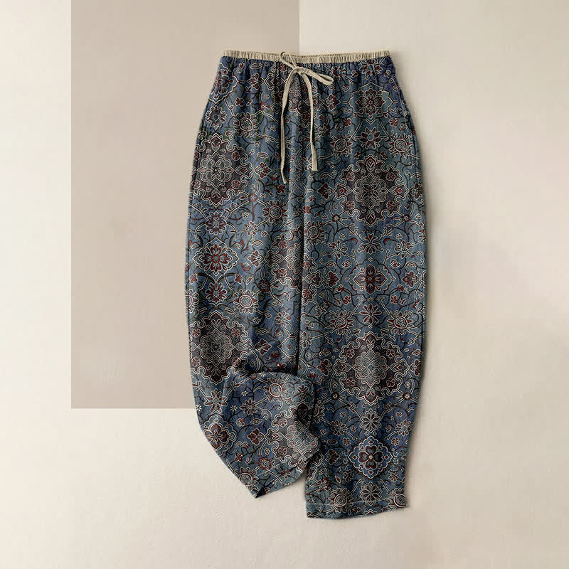 Buddha Stones Pantaloni da donna in puro cotone con fantasia floreale bohémien, elastico in vita e tasche. - SteelBlue - US16, UK/AU20, EU48 (3XL) - image 0