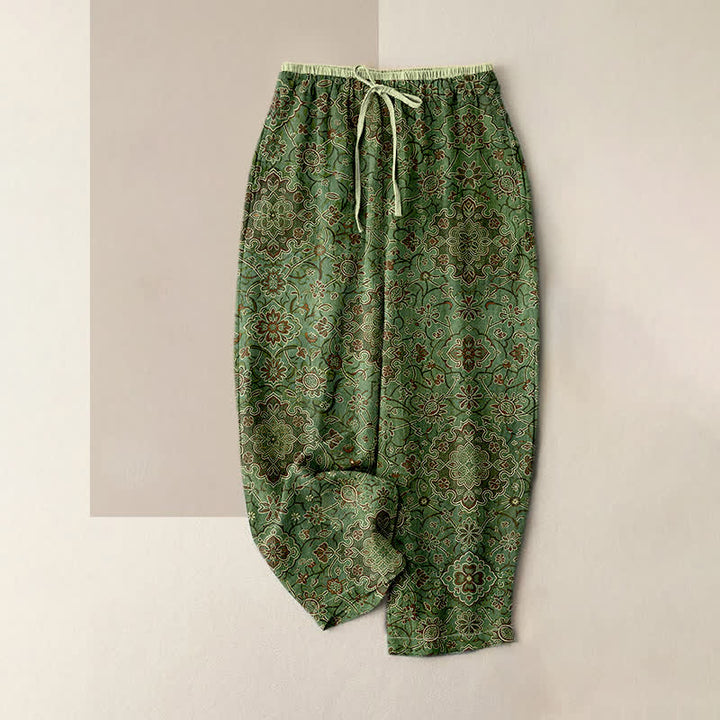 Buddha Stones Pantaloni da donna in puro cotone con fantasia floreale bohémien, elastico in vita e tasche. - Verde oliva - US16, UK/AU20, EU48 (3XL) - image 3