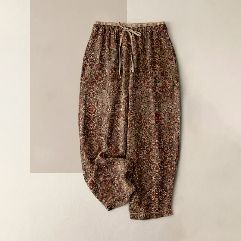 Buddha Stones Pantaloni da donna in puro cotone con fantasia floreale bohémien, elastico in vita e tasche. - Marrone sella - US16, UK/AU20, EU48 (3XL) - image 4