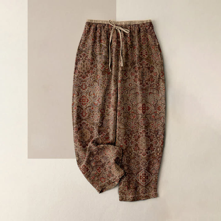 Buddha Stones Pantaloni da donna in puro cotone con fantasia floreale bohémien, elastico in vita e tasche. - Marrone sella - US16, UK/AU20, EU48 (3XL) - image 4