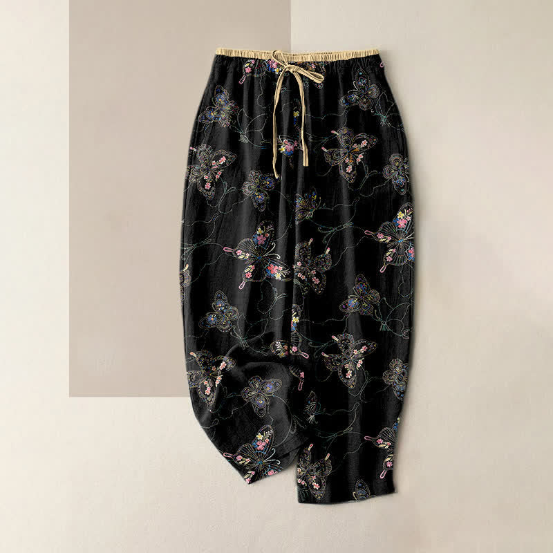 Buddha Stones Pantaloni da donna in puro cotone con elastico in vita e tasche, fantasia floreale vintage a farfalle. - Nero - US16, UK/AU20, EU48 (3XL) - image 0