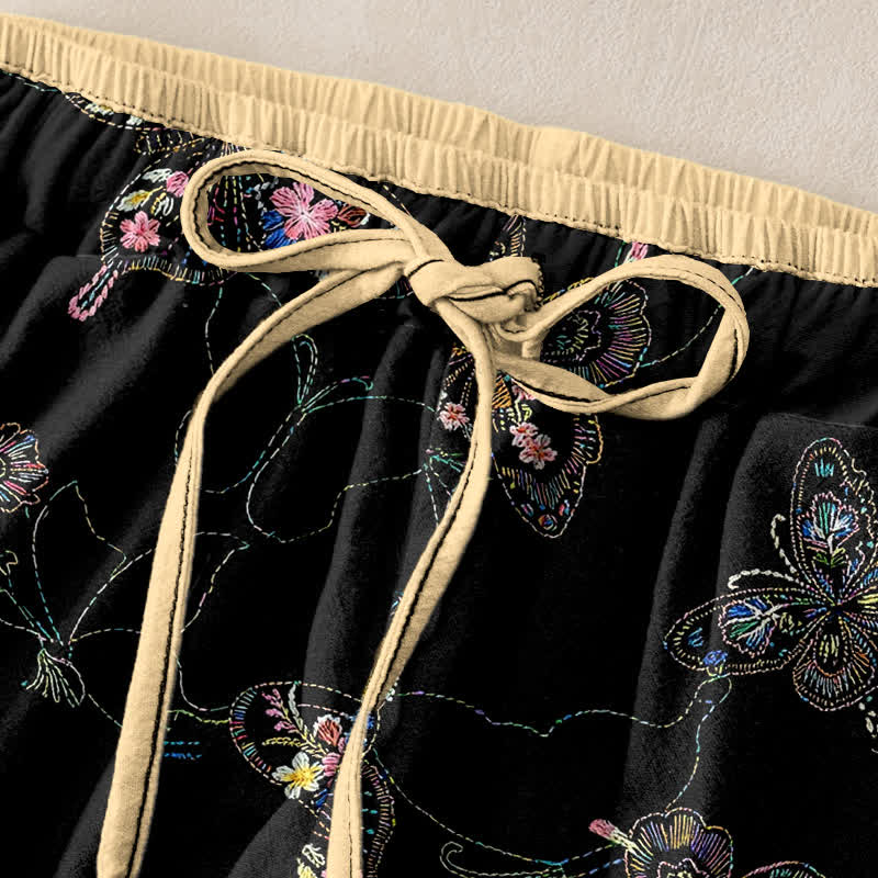 Buddha Stones Pantaloni da donna in puro cotone con elastico in vita e tasche, fantasia floreale vintage a farfalle. - image 1