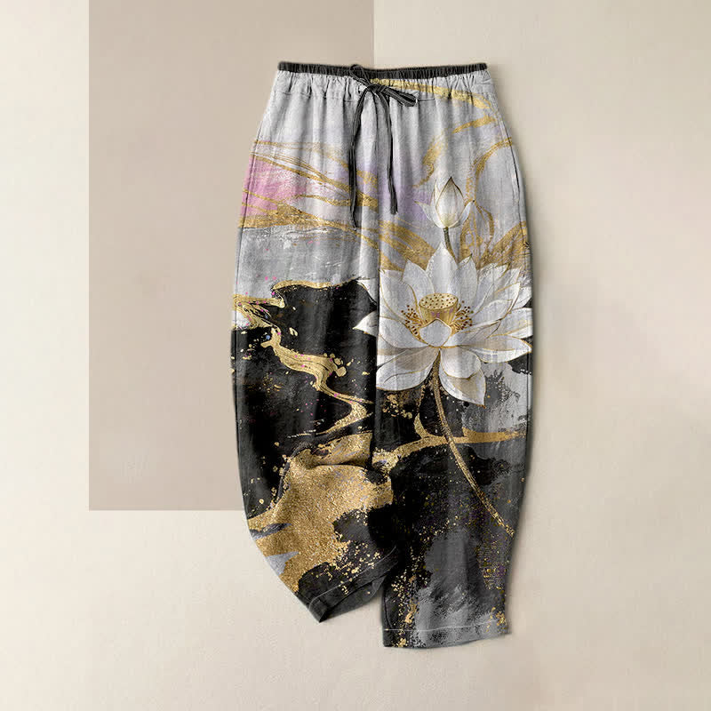 Buddha Stones Pantaloni da donna in puro cotone con stampa effetto inchiostro di loto, vita elasticizzata e tasche. - Nero - US16, UK/AU20, EU48 (3XL) - image 0