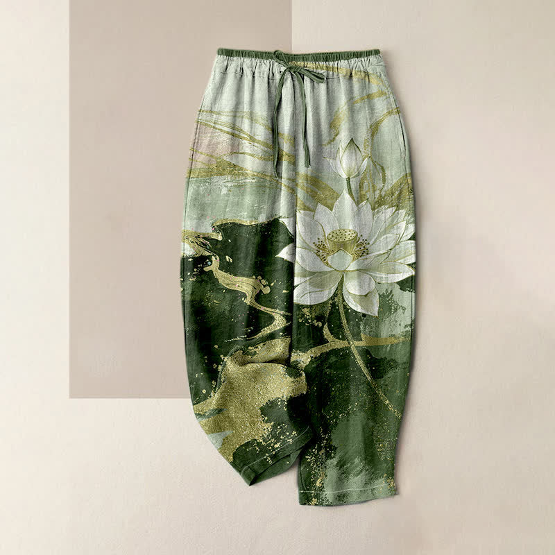 Buddha Stones Pantaloni da donna in puro cotone con stampa effetto inchiostro di loto, vita elasticizzata e tasche. - Verde oliva - US16, UK/AU20, EU48 (3XL) - image 3