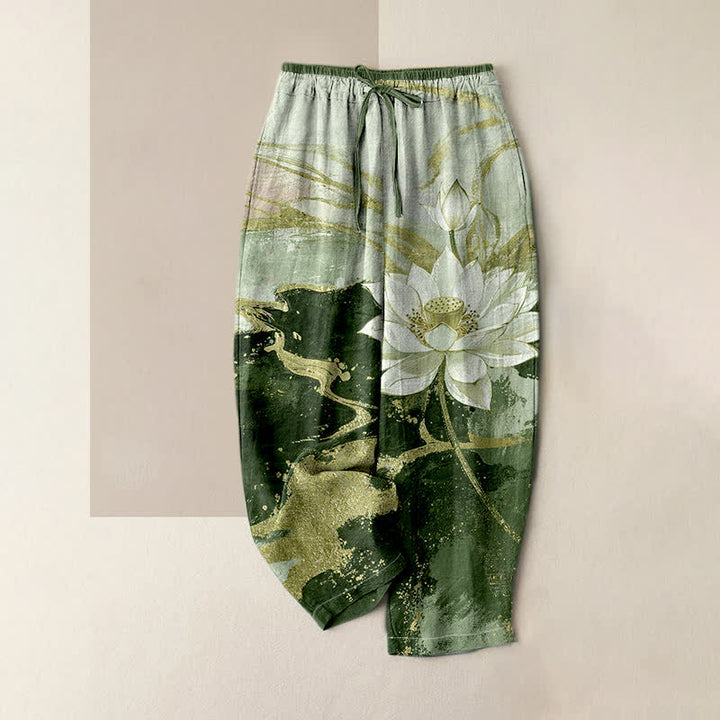 Buddha Stones Pantaloni da donna in puro cotone con stampa effetto inchiostro di loto, vita elasticizzata e tasche. - Verde oliva - US16, UK/AU20, EU48 (3XL) - image 3