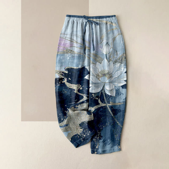 Buddha Stones Pantaloni da donna in puro cotone con stampa effetto inchiostro di loto, vita elasticizzata e tasche. - SteelBlue - US16, UK/AU20, EU48 (3XL) - image 4