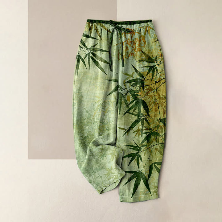 Buddha Stones Pantaloni da donna in puro cotone con stampa effetto bambù, vita elasticizzata e tasche. - Verde chiaro - US16, UK/AU20, EU48 (3XL) - image 0