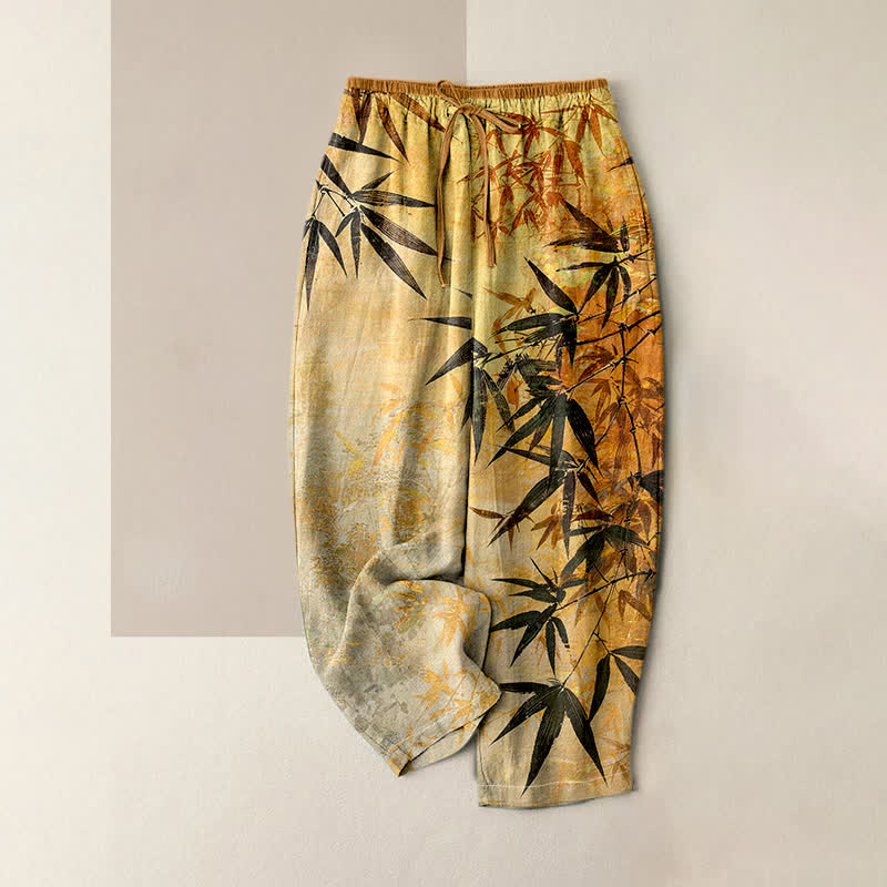 Buddha Stones Pantaloni da donna in puro cotone con stampa effetto bambù, vita elasticizzata e tasche. - Oro - US16, UK/AU20, EU48 (3XL) - image 3