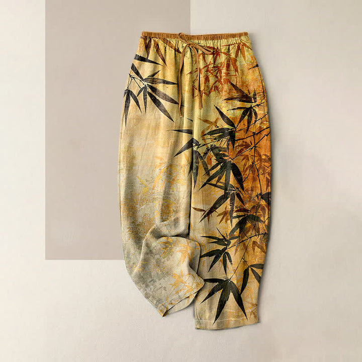 Buddha Stones Pantaloni da donna in puro cotone con stampa effetto bambù, vita elasticizzata e tasche. - Oro - US16, UK/AU20, EU48 (3XL) - image 3