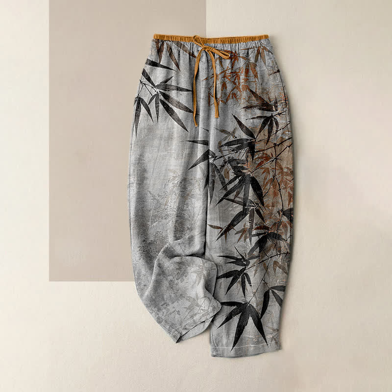 Buddha Stones Pantaloni da donna in puro cotone con stampa effetto bambù, vita elasticizzata e tasche. - Grigio chiaro - US16, UK/AU20, EU48 (3XL) - image 4