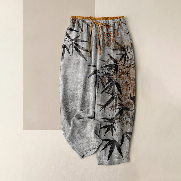Buddha Stones Pantaloni da donna in puro cotone con stampa effetto bambù, vita elasticizzata e tasche. - Grigio chiaro - US16, UK/AU20, EU48 (3XL) - image 4