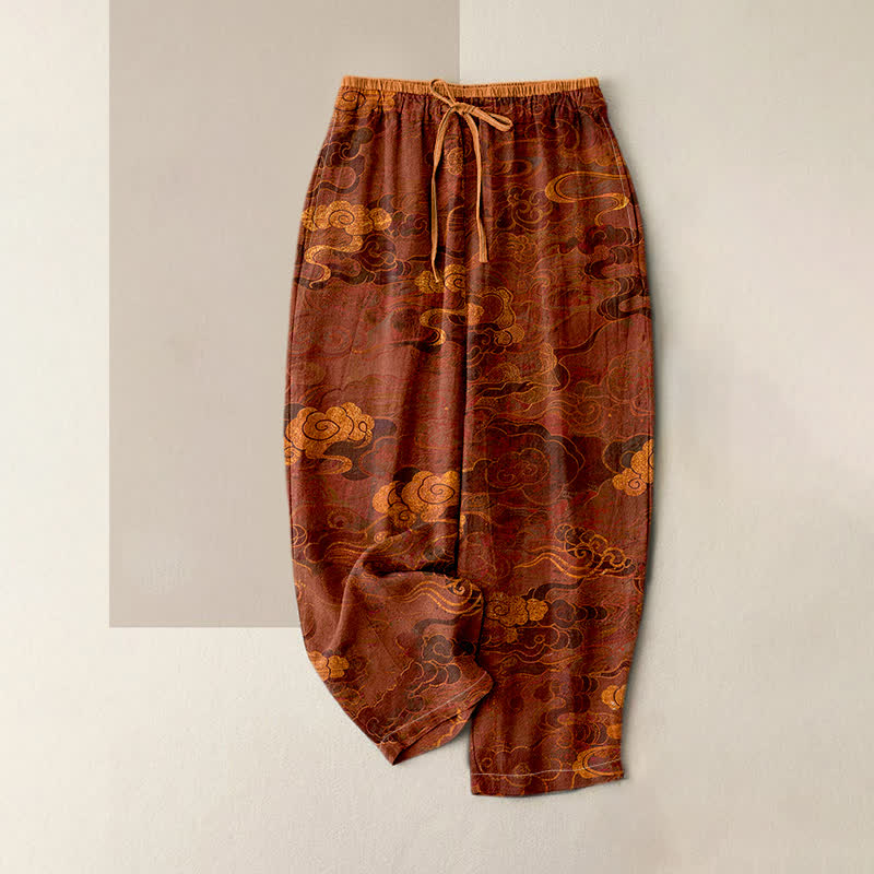 Buddha Stones Pantaloni da donna in puro cotone con motivo nuvole orientali, elastico in vita e tasche. - Marrone - US16, UK/AU20, EU48 (3XL) - image 0