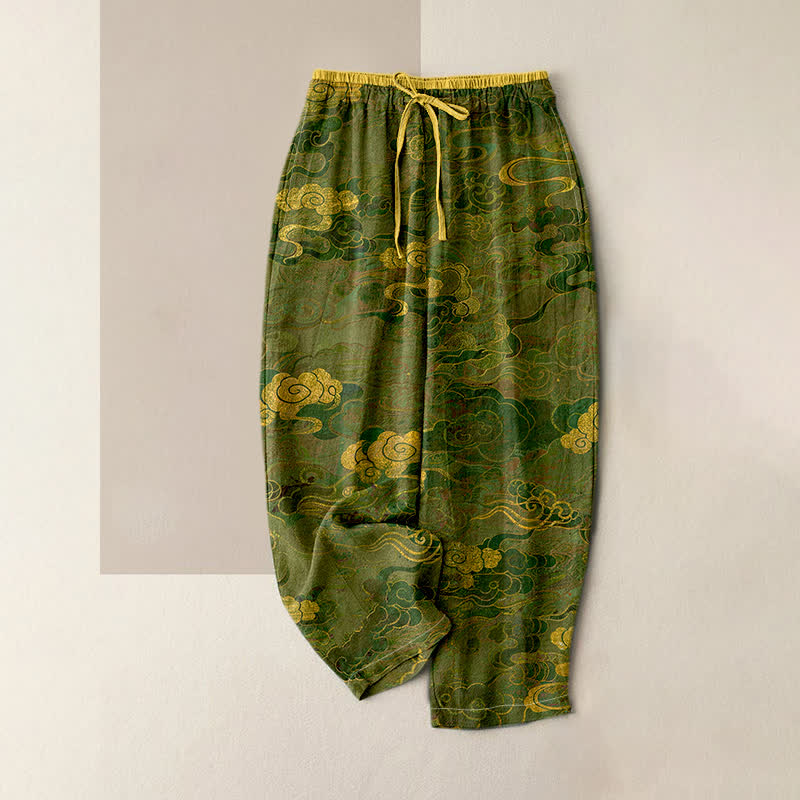 Buddha Stones Pantaloni da donna in puro cotone con motivo nuvole orientali, elastico in vita e tasche. - Verde oliva - US16, UK/AU20, EU48 (3XL) - image 3