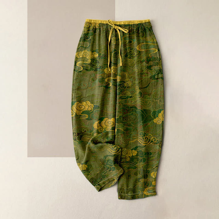 Buddha Stones Pantaloni da donna in puro cotone con motivo nuvole orientali, elastico in vita e tasche. - Verde oliva - US16, UK/AU20, EU48 (3XL) - image 3
