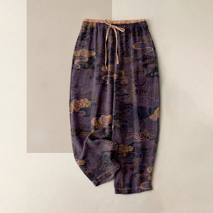 Buddha Stones Pantaloni da donna in puro cotone con motivo nuvole orientali, elastico in vita e tasche. - Viola - US16, UK/AU20, EU48 (3XL) - image 4