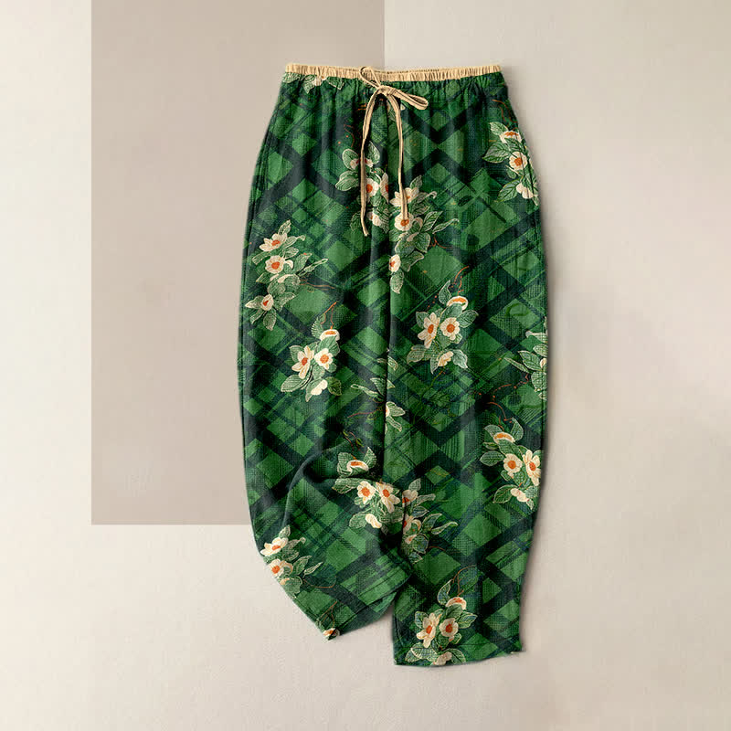 Buddha Stones Pantaloni da donna in puro cotone con elastico in vita e tasche, fantasia vintage floreale e a quadri. - Verde studentesco - US16, UK/AU20, EU48 (3XL) - image 0