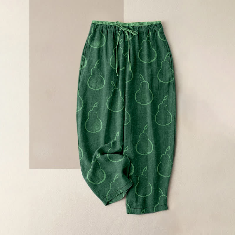 Buddha Stones Pantaloni da donna in puro cotone con delicato motivo a pere, elastico in vita e tasche. - Verde studentesco - US16, UK/AU20, EU48 (3XL) - image 0