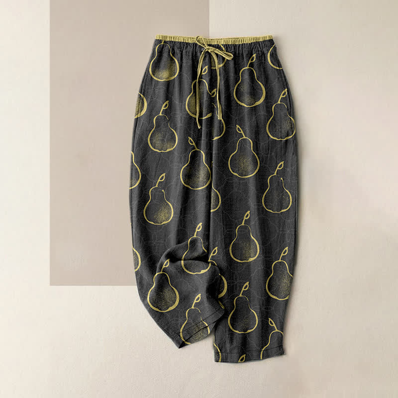 Buddha Stones Pantaloni da donna in puro cotone con delicato motivo a pere, elastico in vita e tasche. - Nero - US16, UK/AU20, EU48 (3XL) - image 4