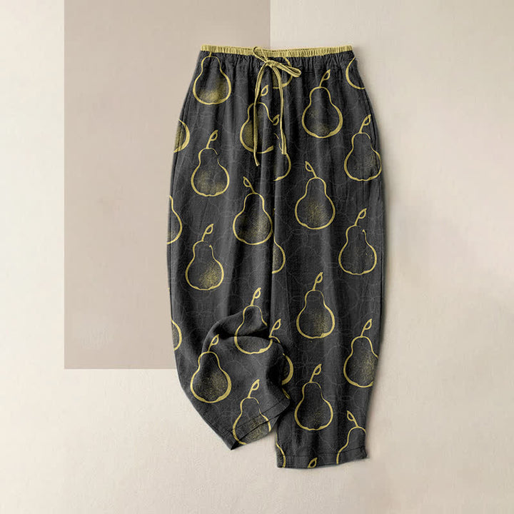 Buddha Stones Pantaloni da donna in puro cotone con delicato motivo a pere, elastico in vita e tasche. - Nero - US16, UK/AU20, EU48 (3XL) - image 4