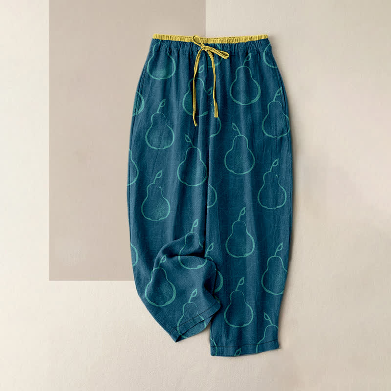 Buddha Stones Pantaloni da donna in puro cotone con delicato motivo a pere, elastico in vita e tasche. - SteelBlue - US16, UK/AU20, EU48 (3XL) - image 5