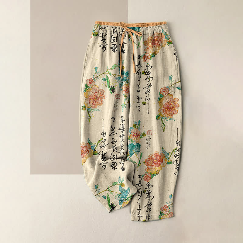 Buddha Stones Pantaloni da donna in puro cotone con elastico in vita e tasche, fantasia floreale vintage con calligrafia. - Beige - US16, UK/AU20, EU48 (3XL) - image 0
