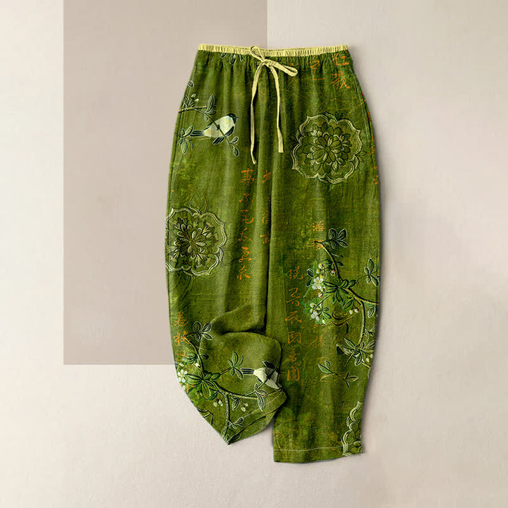 Buddha Stones Pantaloni da donna in puro cotone, stile bohémien, con elastico in vita e tasche, fantasia floreale e uccellini. - Oliva - US16, UK/AU20, EU48 (3XL) - image 3