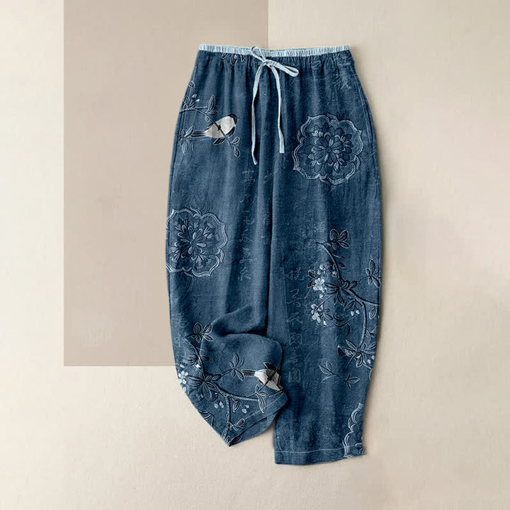 Buddha Stones Pantaloni da donna in puro cotone, stile bohémien, con elastico in vita e tasche, fantasia floreale e uccellini. - SteelBlue - US16, UK/AU20, EU48 (3XL) - image 4