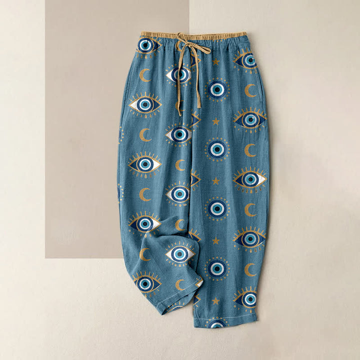 Buddha Stones Pantaloni da donna in puro cotone con elastico in vita e tasche, con stampa mistica dell'occhio di Allah. - Cadetto Blu - US16, UK/AU20, EU48 (3XL) - image 0