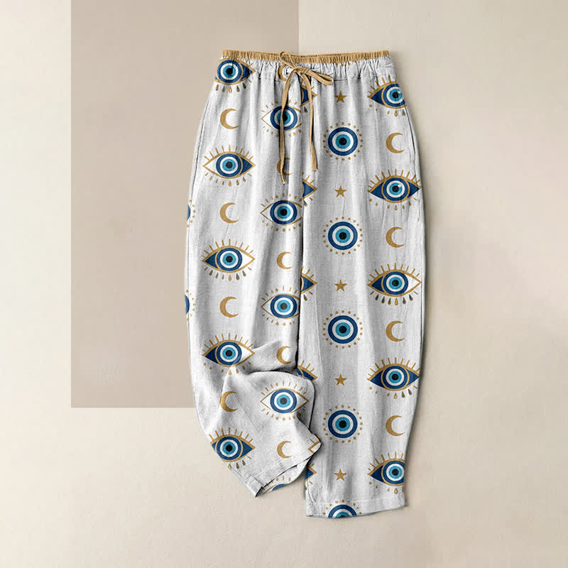 Buddha Stones Pantaloni da donna in puro cotone con elastico in vita e tasche, con stampa mistica dell'occhio di Allah. - Bianco - US16, UK/AU20, EU48 (3XL) - image 3