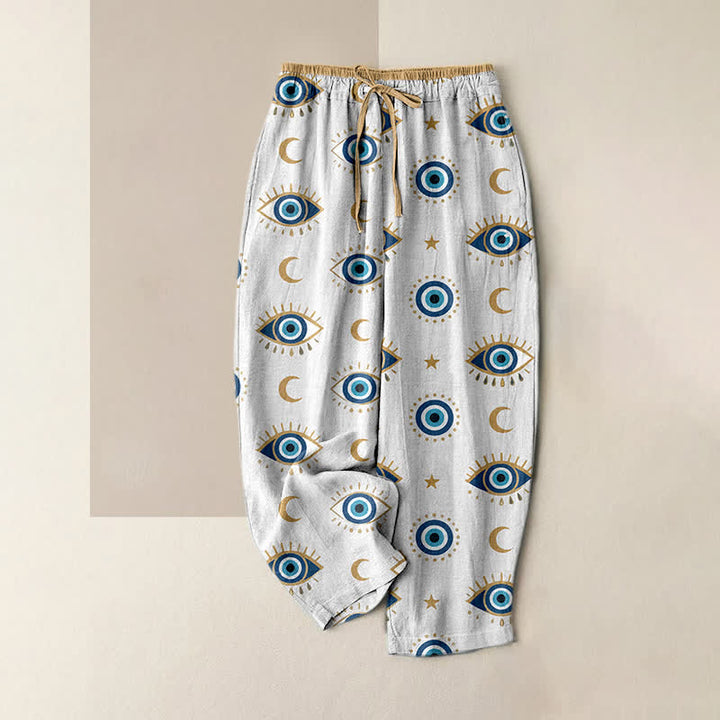 Buddha Stones Pantaloni da donna in puro cotone con elastico in vita e tasche, con stampa mistica dell'occhio di Allah. - Bianco - US16, UK/AU20, EU48 (3XL) - image 3