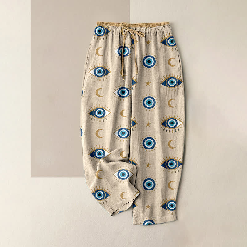 Buddha Stones Pantaloni da donna in puro cotone con elastico in vita e tasche, con stampa mistica dell'occhio di Allah. - Beige - US16, UK/AU20, EU48 (3XL) - image 4