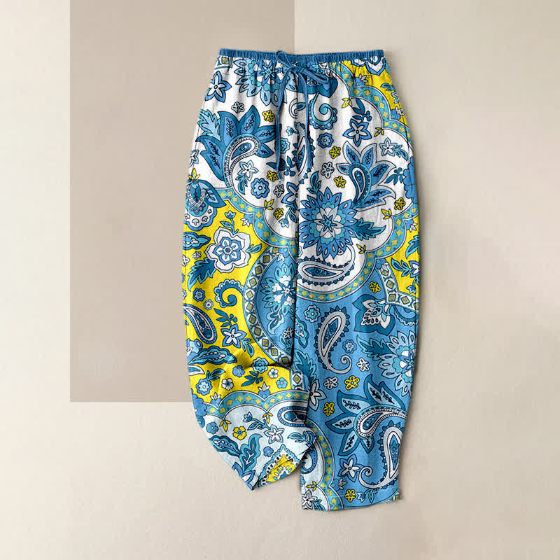 Buddha Stones Pantaloni da donna in puro cotone con fantasia floreale paisley in stile bohémien, con elastico in vita e tasche. - Turchese - US16, UK/AU20, EU48 (3XL) - image 0