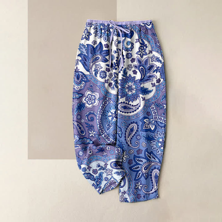 Buddha Stones Pantaloni da donna in puro cotone con fantasia floreale paisley in stile bohémien, con elastico in vita e tasche. - Viola medio - US16, UK/AU20, EU48 (3XL) - image 3