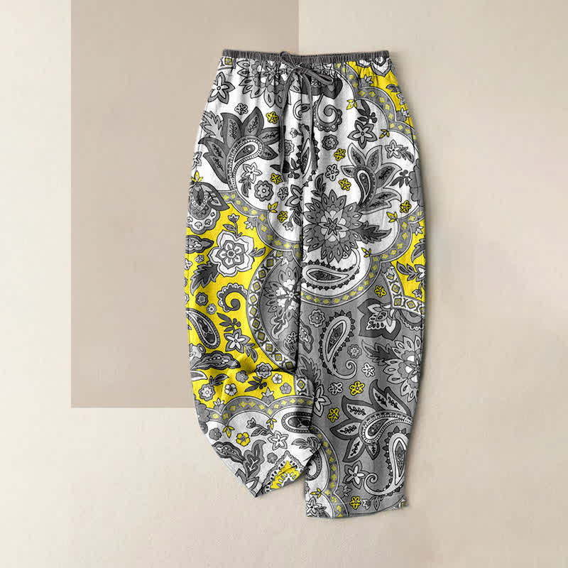 Buddha Stones Pantaloni da donna in puro cotone con fantasia floreale paisley in stile bohémien, con elastico in vita e tasche. - Giallo - US16, UK/AU20, EU48 (3XL) - image 4