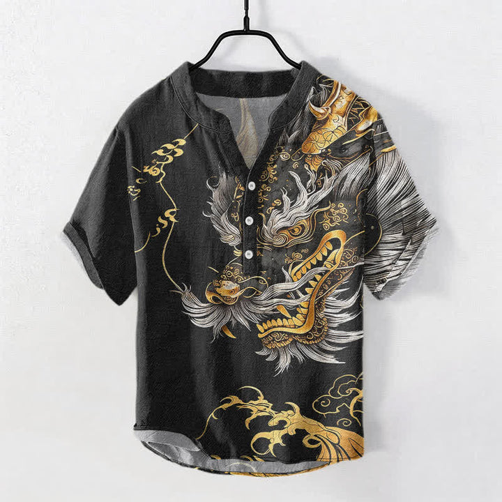 Buddha Stones Camicia da uomo a maniche corte con mezza abbottonatura, in cotone, con motivo drago dorato. - Nero - US/UK/AU50, EU60 (5XL) - image 0
