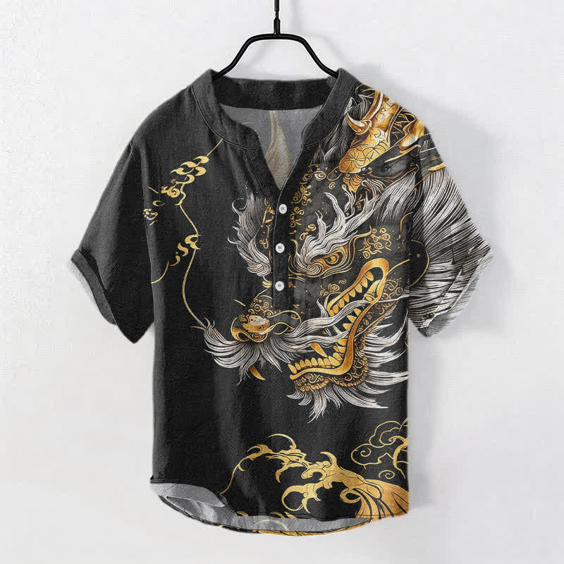 Buddha Stones Camicia da uomo a maniche corte con mezza abbottonatura, in cotone, con motivo drago dorato. - Nero - US/UK/AU50, EU60 (5XL) - image 0